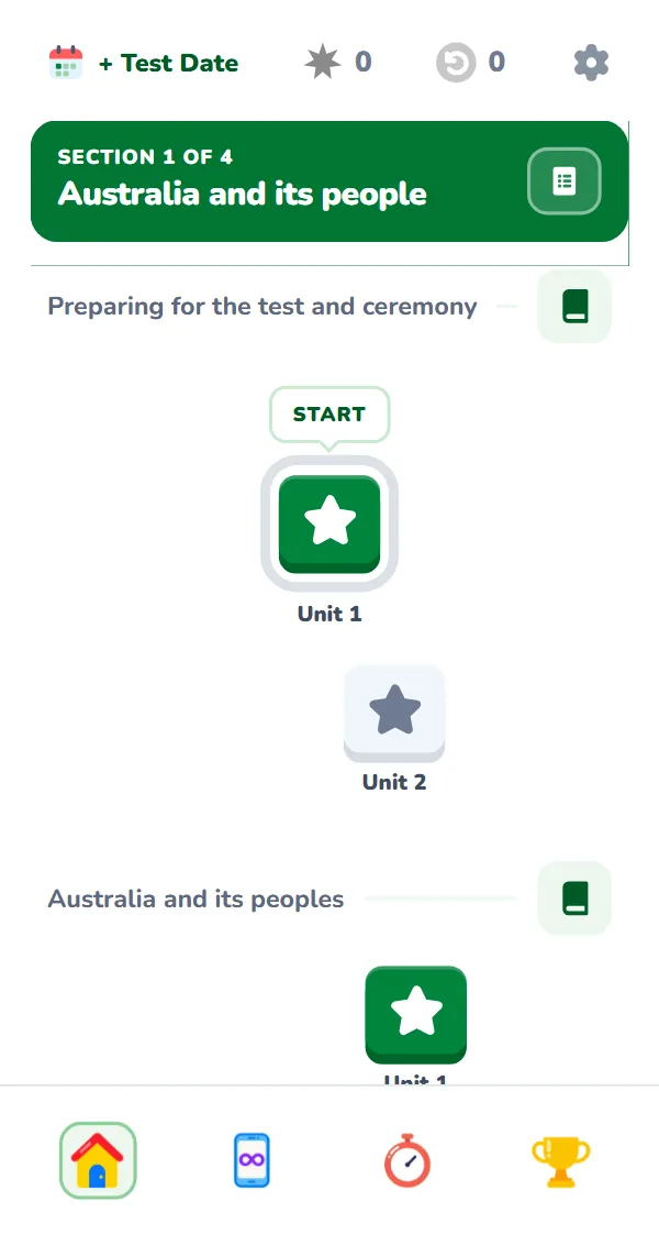 The Learn Australia app playing its first lesson: START on the learning path, a fact, then its question answered right. Excellent!