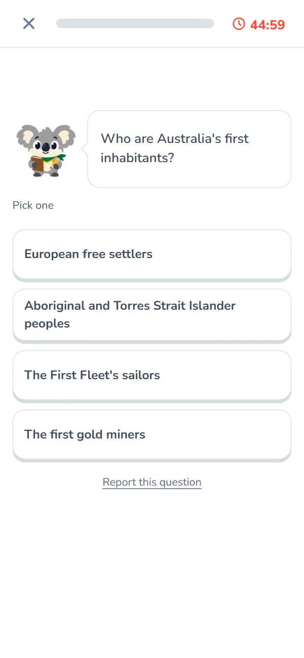 A timed practice test question, the clock running, with four answers to pick from.