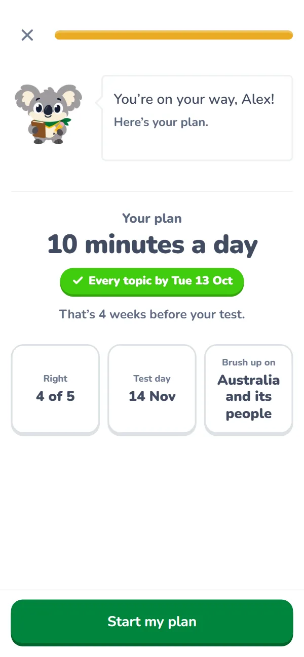 An example daily study plan based on practice answers, available study time and a chosen test date.
